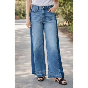 GAP High Rise Stride Wide Leg Jeans 31 12R Mixed Denim Wash Raw Hem Minimalist